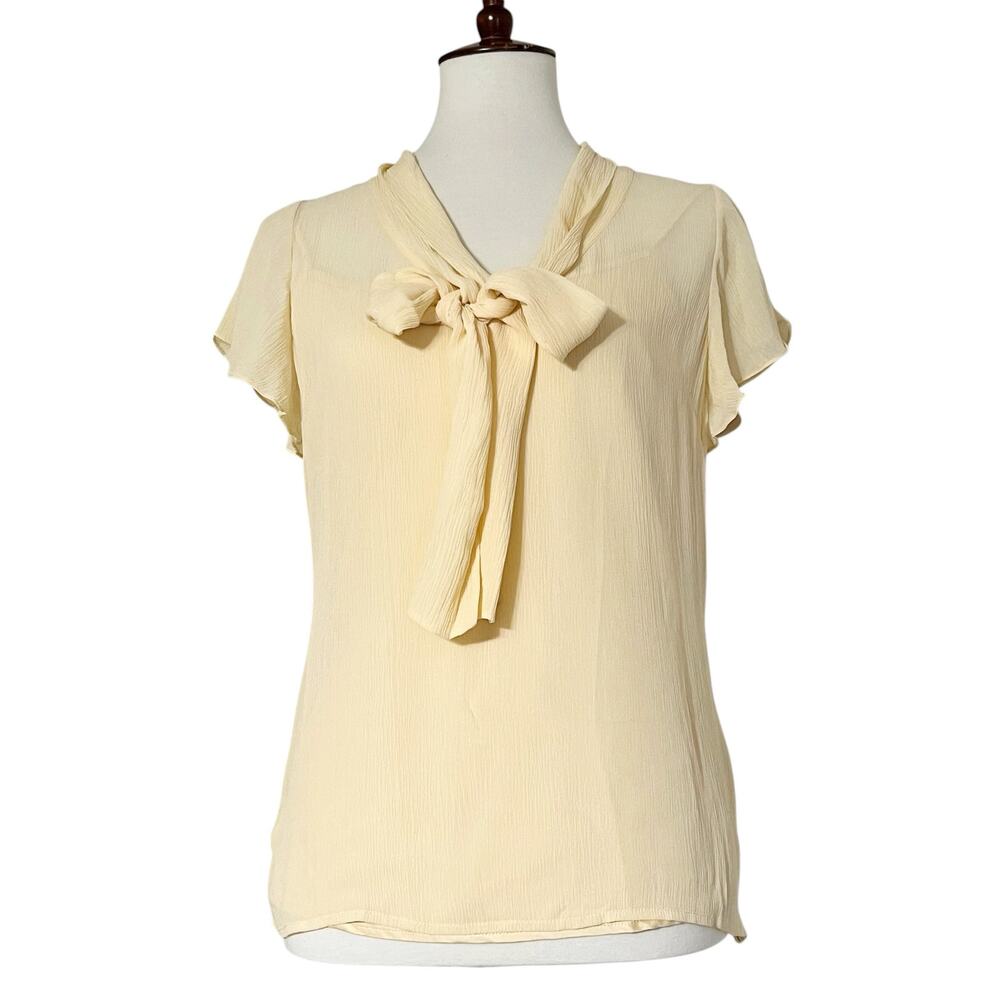 St. John Cream Tie-Neck Short Sleeve Blouse